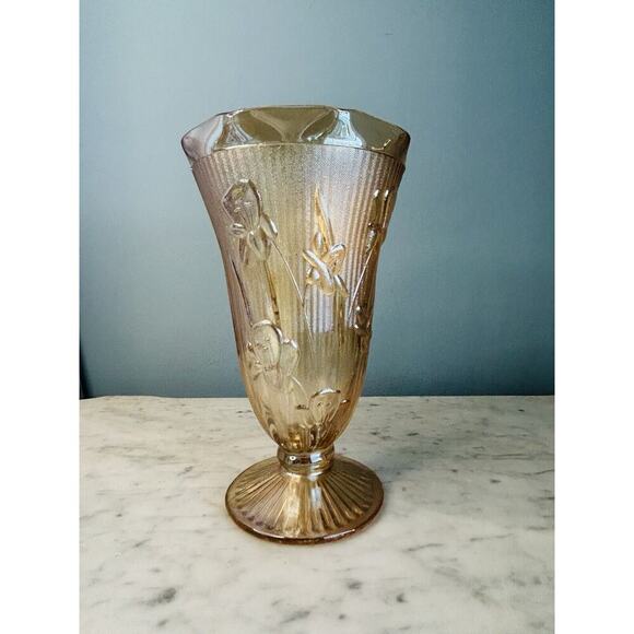 Vintage Jeanette Marigold Carnival Iridescent Glass Vase Iris Herringbone Peach - Picture 10 of 13